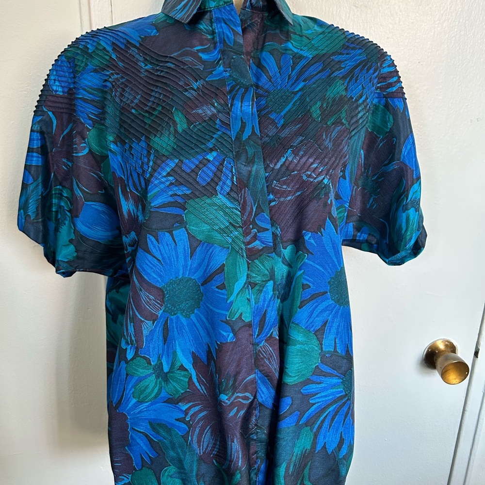 WIROT THAI SILK, Short Dolman Sleeve Floral Blue and Green Shirt